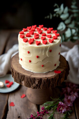 Delicious chocolate cake with adorable tiny red hearts topping