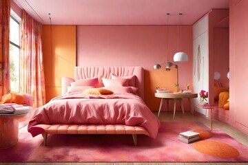Sweet orange bedroom with pink bed