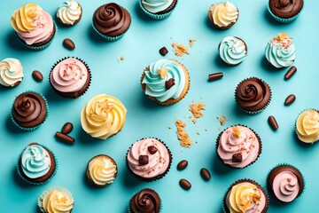 Flat lay composition with cupcakes on light blue background