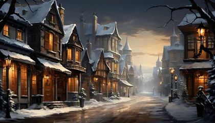 Gordijnen Winter village at night with snow and fog - panoramic illustration © A