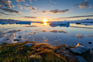a clear lake that reflects the morning sun, in the middle of a vast savanna field