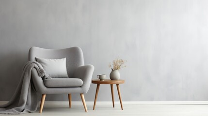 interior of living grey fabric armchair, wooden table on wooden floor 