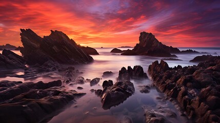 Long exposure panorama of rock formations on the beach at sunset.