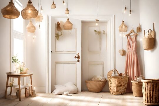 Summer dress, vintage wooden door, basket and decorative lights, girl s room interior decoration with white walls and floors