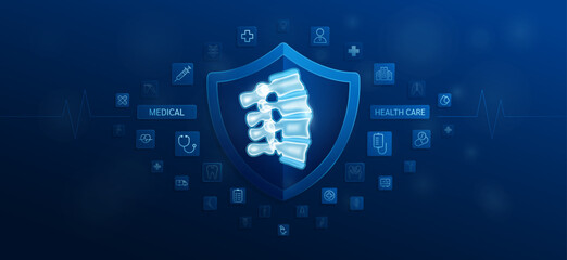 Medical health care. Spine bone inside shield and medical equipment tools. Doctor icon, symbol cross, stethoscope syringe and drug. Protect treat human organ healthy. Ads banner vector.