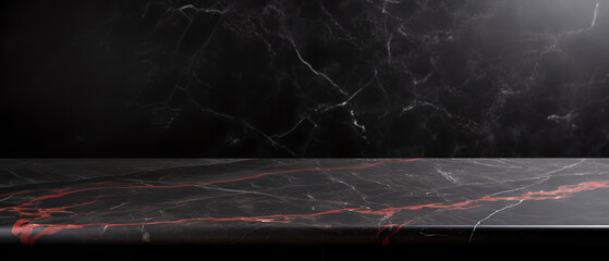 Empty Black Marble Tabletop Countertop on Black wall Background , stone table , Mock Up , Display Product, Montage Product , abstract background ,White and red lines