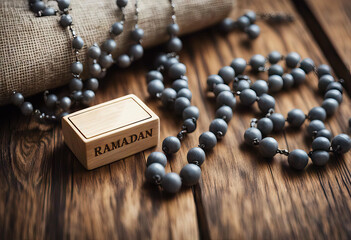focus rosary wooden image background selective grey RAMADAN Concept wooden block word beads