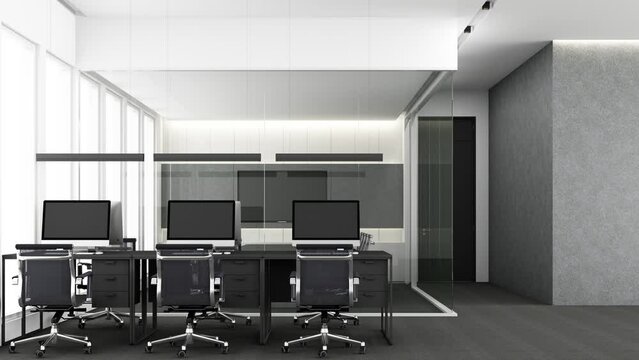 Office, workplace in a modern office Interior design In gray tones with large windows on tall buildings and meeting room conference. It is being constructed in stop-motion format. 3d render animation