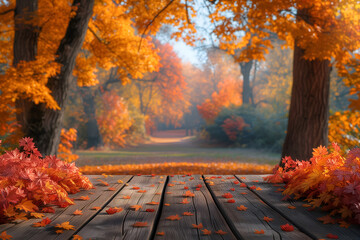 Naklejka na ściany i meble Empty_wooden_table_with_autumn_landscape_banner3 Generative AI 