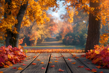 Naklejka na ściany i meble Empty_wooden_table_with_autumn_landscape_banner2 Generative AI 