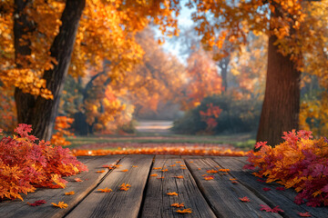 Naklejka na ściany i meble Empty_wooden_table_with_autumn_landscape_banner1 Generative AI 