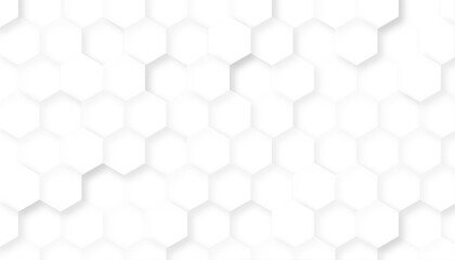 White abstract background with hexagons. Geometric backdrop 3D. Vector illustration with honeycomb in realistic style. White wall. Horizontal banner. 