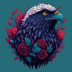 Obraz premium In the realm of nature's beauty, a fierce eagle graces the sky, mirrored by the red roses on the ground.