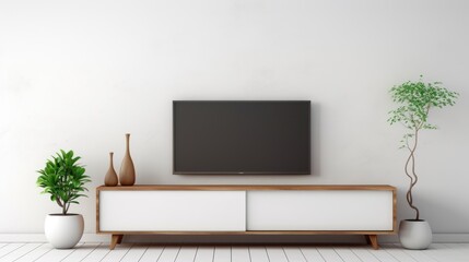  minimalist living room interior with wooden TV cabinet. 