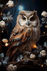 Beautiful owl in the forest with blooming branches. Illustration.