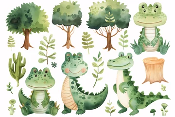 Fototapeten Watercolor crocodile. A delightful set of watercolor crocodiles depicted with a gentle, whimsical touch, alongside stylized trees and greenery. © phanthit malisuwan