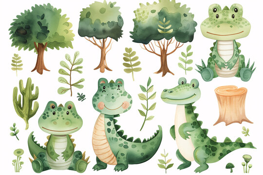 Watercolor crocodile. A delightful set of watercolor crocodiles depicted with a gentle, whimsical touch, alongside stylized trees and greenery.