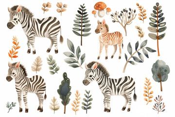 Watercolor zebra. Charming collection of watercolor zebras, paired with delicate foliage and trees, ideal for nursery wall art or educational materials.