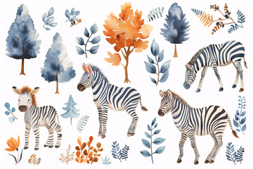Fototapeta na wymiar Watercolor zebra. Charming collection of watercolor zebras, paired with delicate foliage and trees, ideal for nursery wall art or educational materials.