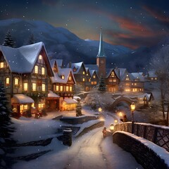 Winter night in the village. Snowy village. Vector illustration.