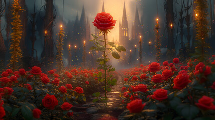 Many red rose in Royal Palace With lights, Tall factory