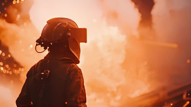 The silhouette of an industrial welder in full gear against a bright orange backdrop of molten metal.