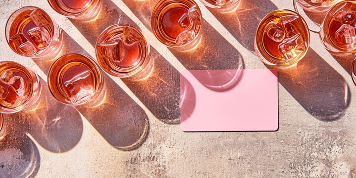 Glasses with cocktails and empty blank pink card on the table. Party, celebration concept. Space for text, top view.	