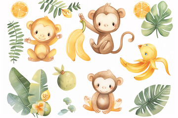 Watercolor monkey. This captivating watercolor set features playful monkeys in various poses with tropical fruits and lush foliage, evoking a joyful jungle theme.