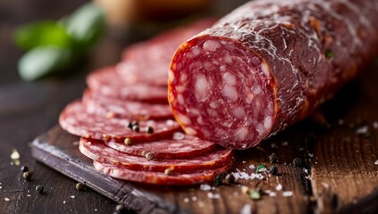 Italian antipasto, home made salami on chopping board. 