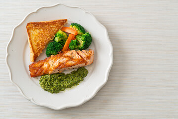 grilled salmon steak with pesto sauce