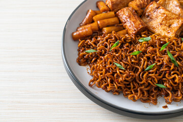 Jajangmyeon or JJajangmyeon with Odeng and Omuk - Korean Instant noodles with Korean fish cake in black bean sauce