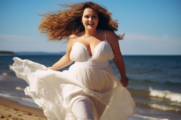 Fototapeta na wymiar Young happy chubby woman in a white fluttering dress 