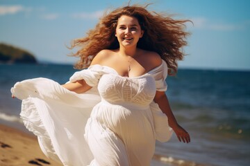 Fototapeta na wymiar Young happy chubby woman in a white fluttering dress 
