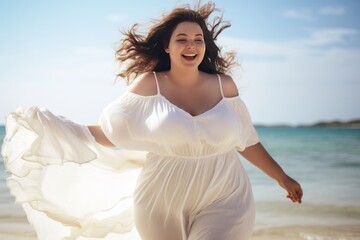 Young happy woman, chubby, 25 years old, in a white fluttering dress 