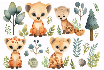 Watercolor hyena. This delightful watercolor set features adorable baby hyenas with a collection of whimsical foliage and forest elements, perfect for a charming nature theme.