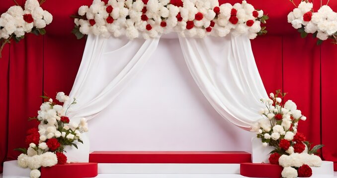 White roses and carnation flowers on red curtains background. 3d render