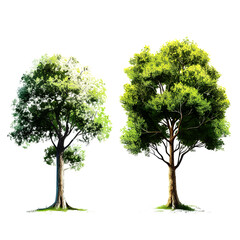 Two of Isolated perennial illustration animated tree in transparent background, tree model png, Generative AI 