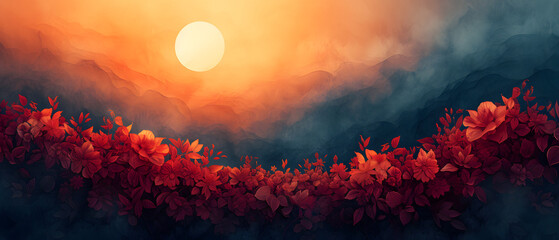 Painting of a Sunset With Red Flowers in the Foreground - obrazy, fototapety, plakaty