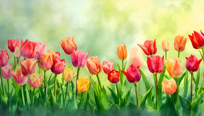 Watercolor red and yellow tulips spring flowers in the grass background with empty space for text. 