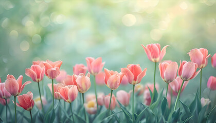 Watercolor pink tulips spring flowers in the grass background with empty space for text. 