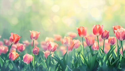 Watercolor pink tulips spring flowers in the grass background with empty space for text.  - obrazy, fototapety, plakaty