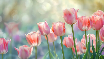 Watercolor pink tulips spring flowers in the grass background with empty space for text. 