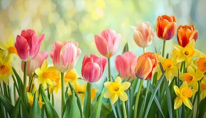Watercolor red and yellow tulips spring flowers in the grass background with empty space for text. 