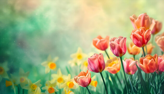 Watercolor red and yellow tulips spring flowers in the grass background with empty space for text. 