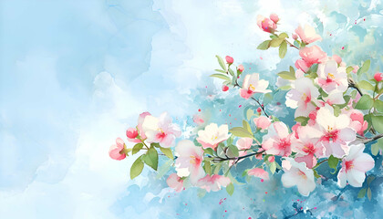 Watercolor pink flowers background with empty space for text. 