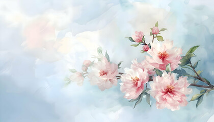 Watercolor pink flowers background with empty space for text. 