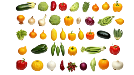 Large set of isolated vegetables isolated on transparent background,PNG image.