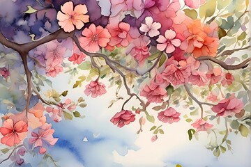 Floral Canopy: A view from beneath a tree branch, looking up at a canopy of watercolor flowers in full bloom, creating a colorful, floral sky.
