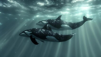 A group of three whales gracefully floating in a triangular formation fins up in the air as if performing a synchronized swimming routine.