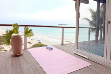 Fototapeta na wymiar beach view from balcony with pink yoga mat, luxury yoga training 